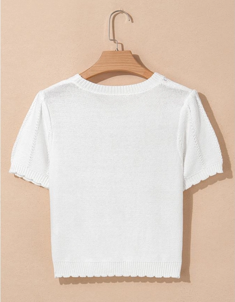 White Pointelle Knit Short Puff Sleeve Crewneck Sweater