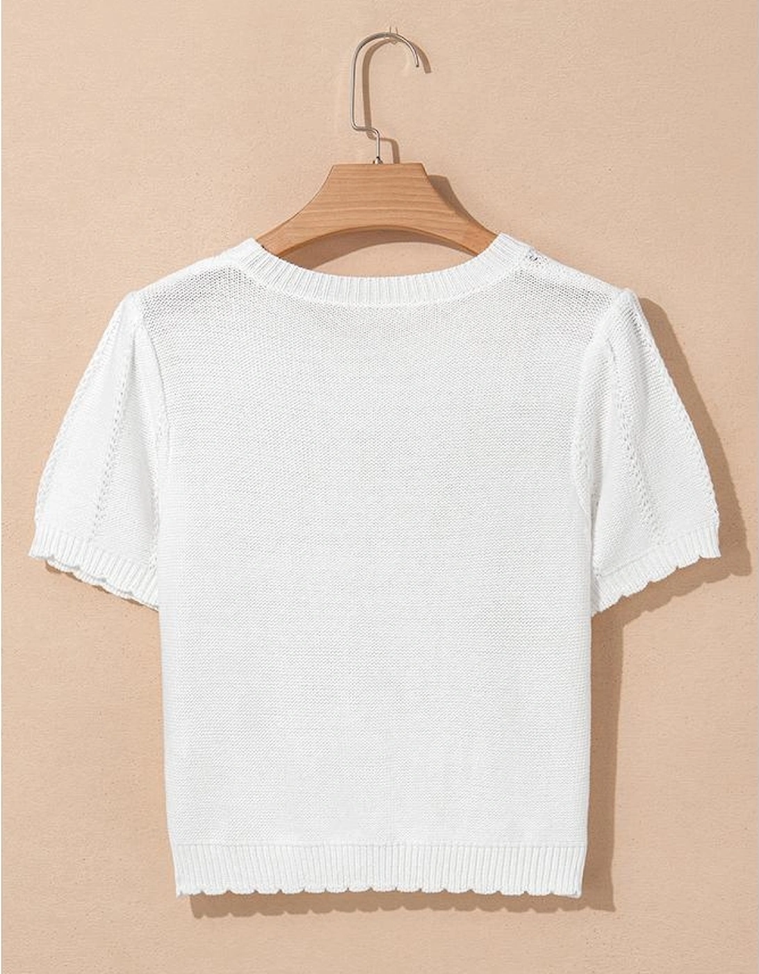 White Pointelle Knit Short Puff Sleeve Crewneck Sweater
