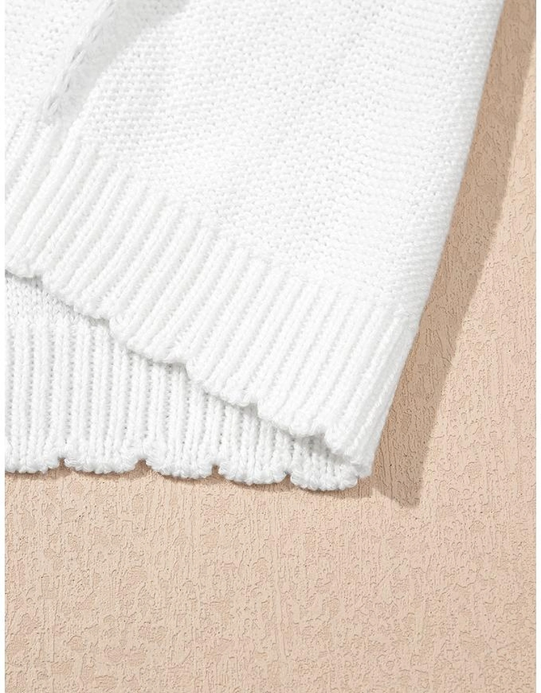 White Pointelle Knit Short Puff Sleeve Crewneck Sweater