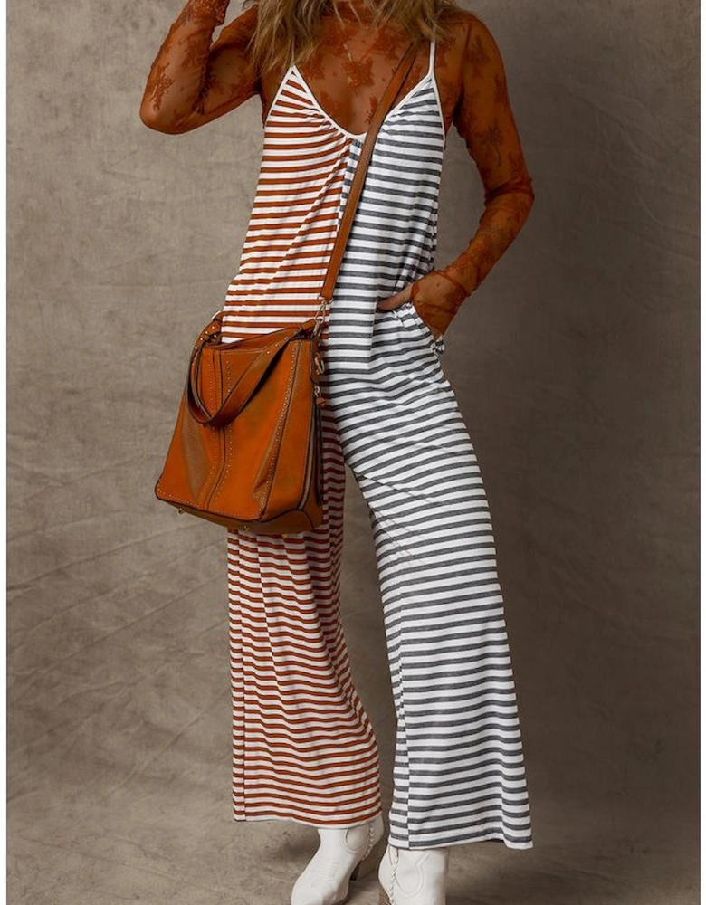 Yellow Stripe Two Tone Contrast Spaghetti Strap Backless Overall