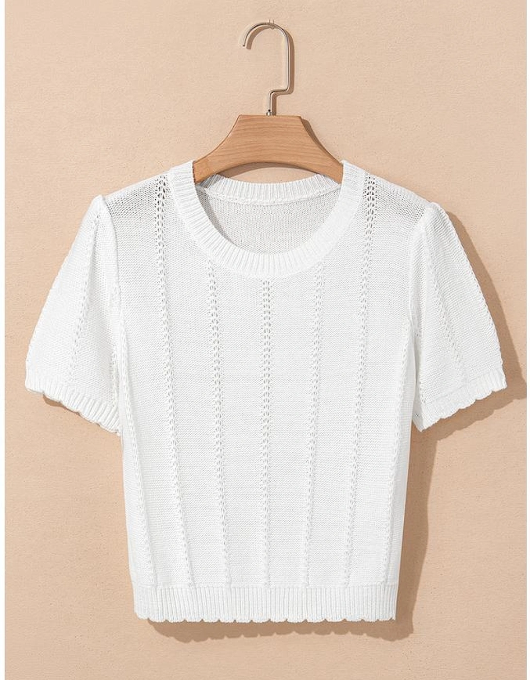 White Pointelle Knit Short Puff Sleeve Crewneck Sweater