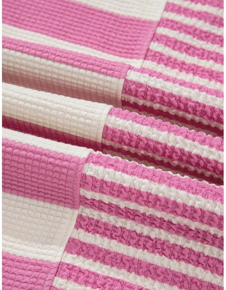 Pink Stripe Patchwork Textured Short Sleeve High Low Loose Top