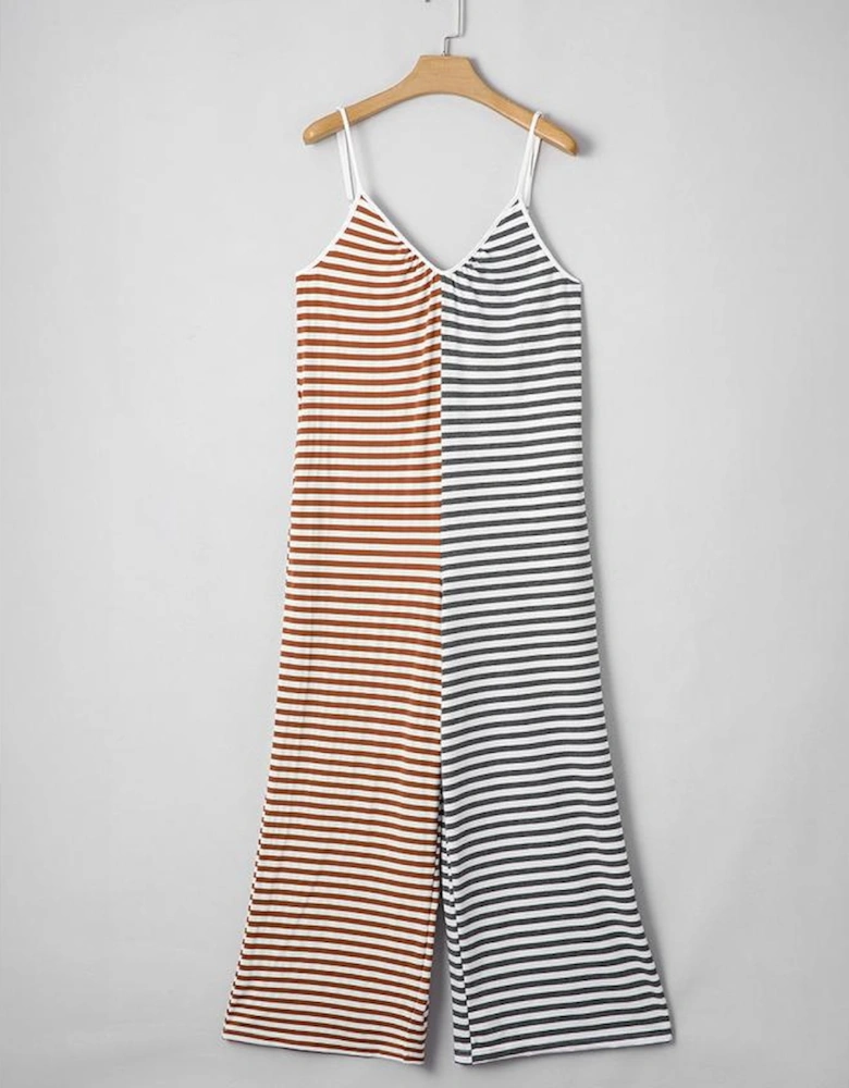Yellow Stripe Two Tone Contrast Spaghetti Strap Backless Overall