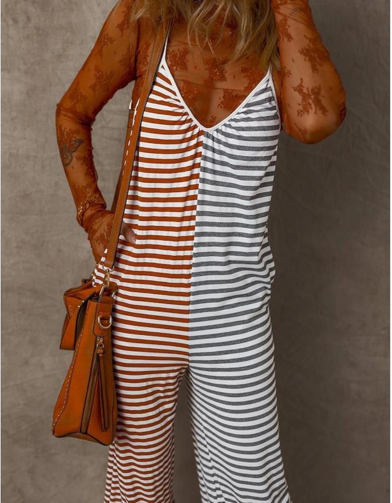Yellow Stripe Two Tone Contrast Spaghetti Strap Backless Overall