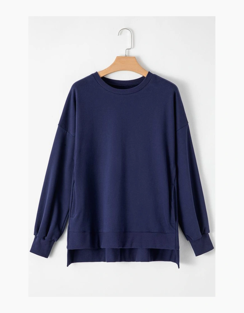 Navy Blue Solid O Neck High Low Hem Pullover Sweatshirt