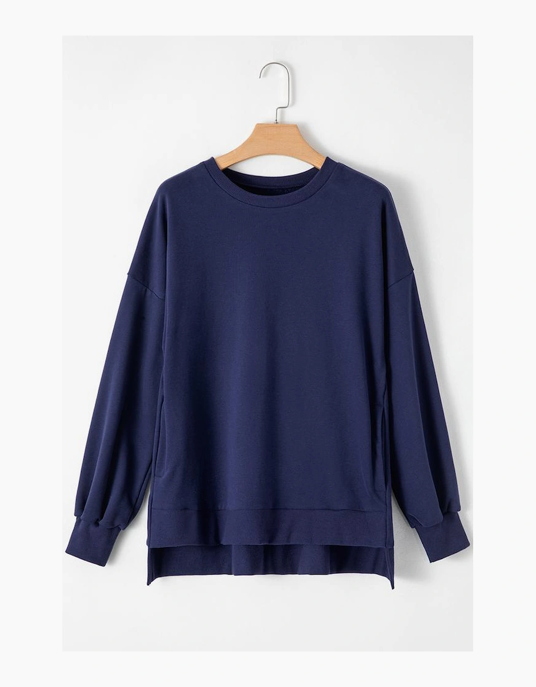 Navy Blue Solid O Neck High Low Hem Pullover Sweatshirt