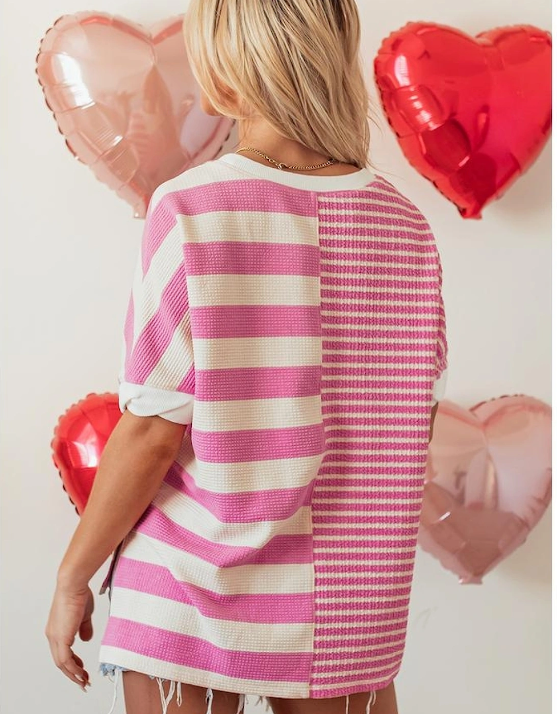 Pink Stripe Patchwork Textured Short Sleeve High Low Loose Top