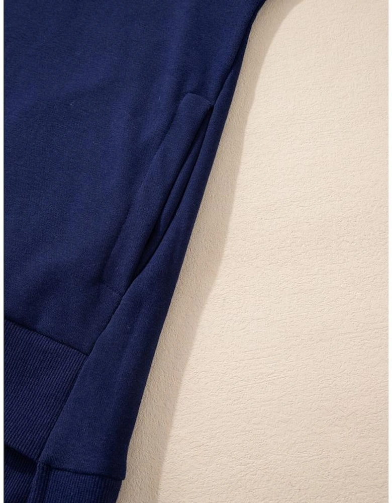 Navy Blue Solid O Neck High Low Hem Pullover Sweatshirt