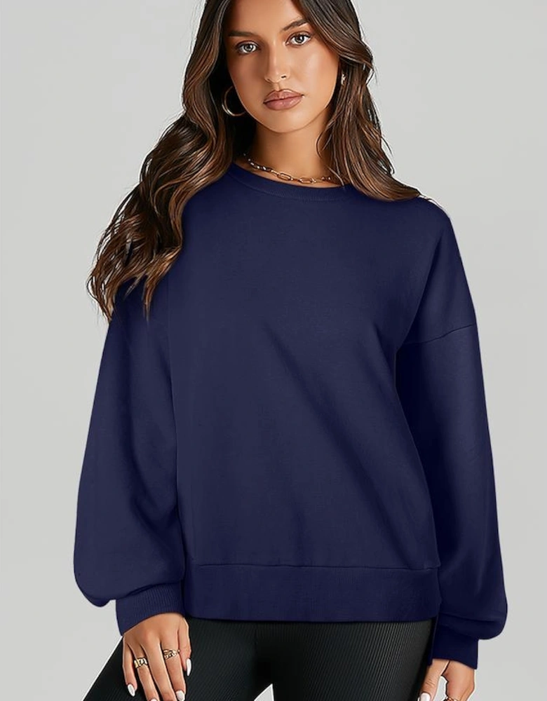 Navy Blue Solid O Neck High Low Hem Pullover Sweatshirt