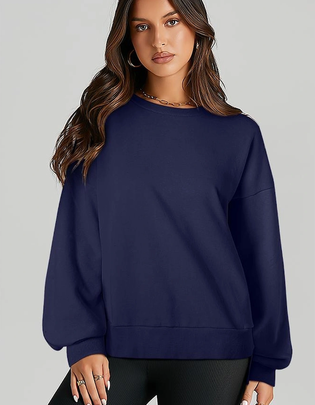 Navy Blue Solid O Neck High Low Hem Pullover Sweatshirt, 16 of 15