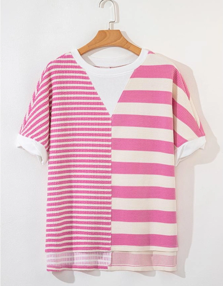 Pink Stripe Patchwork Textured Short Sleeve High Low Loose Top