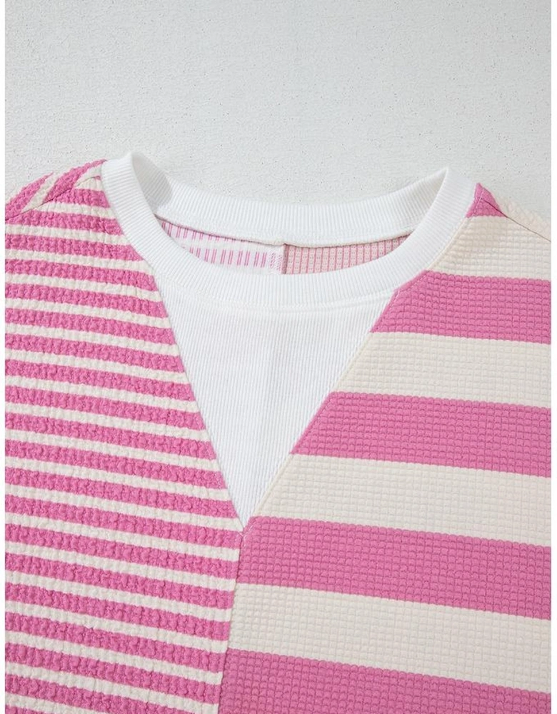 Pink Stripe Patchwork Textured Short Sleeve High Low Loose Top
