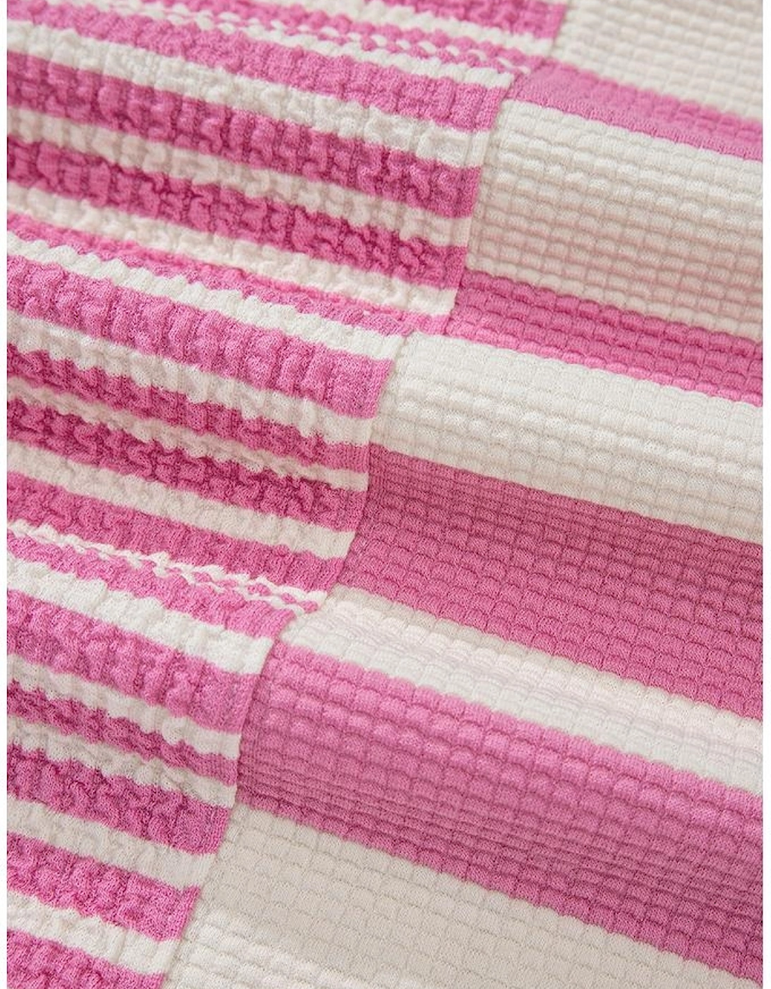 Pink Stripe Patchwork Textured Short Sleeve High Low Loose Top