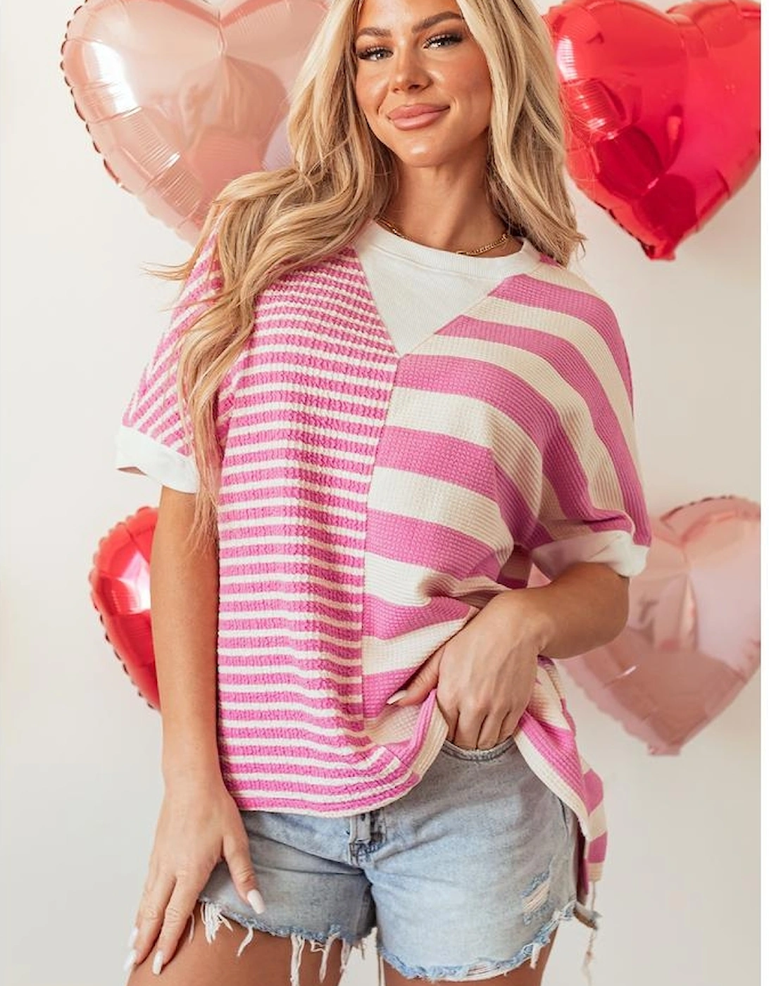 Pink Stripe Patchwork Textured Short Sleeve High Low Loose Top