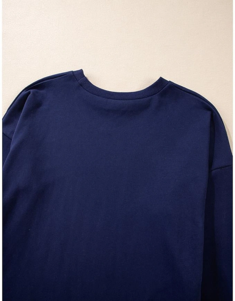 Navy Blue Solid O Neck High Low Hem Pullover Sweatshirt