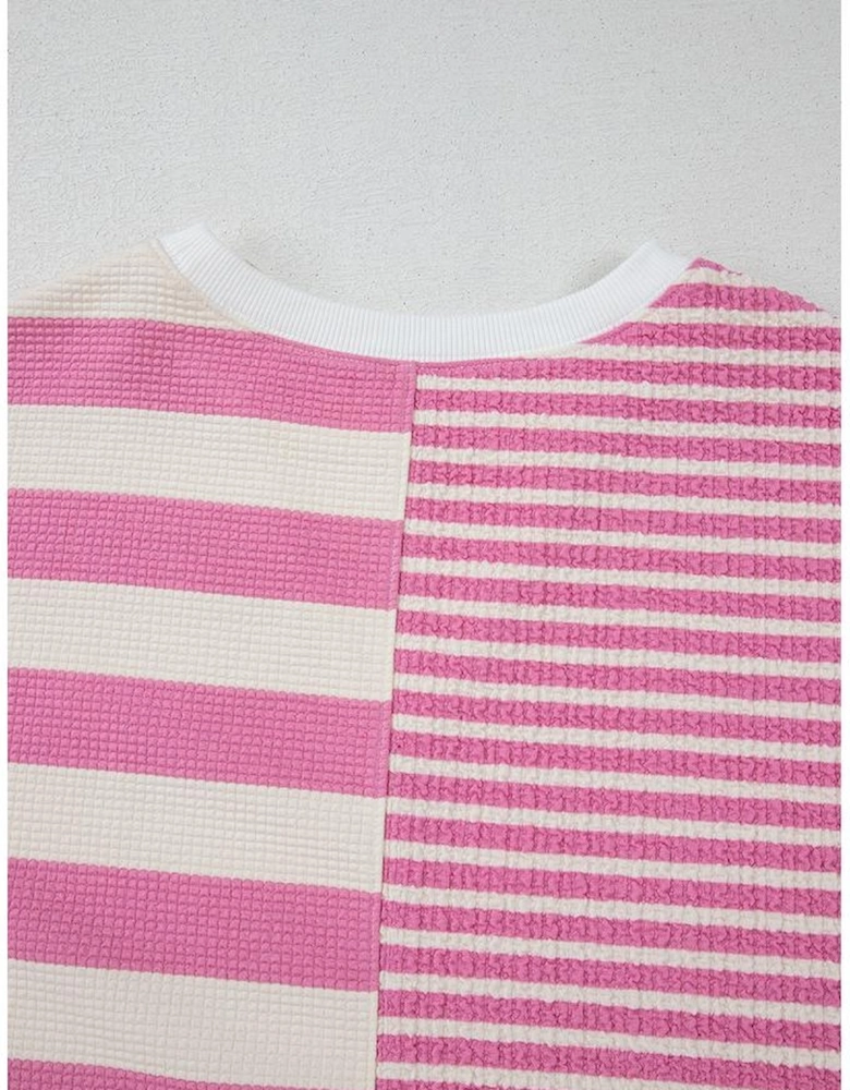 Pink Stripe Patchwork Textured Short Sleeve High Low Loose Top