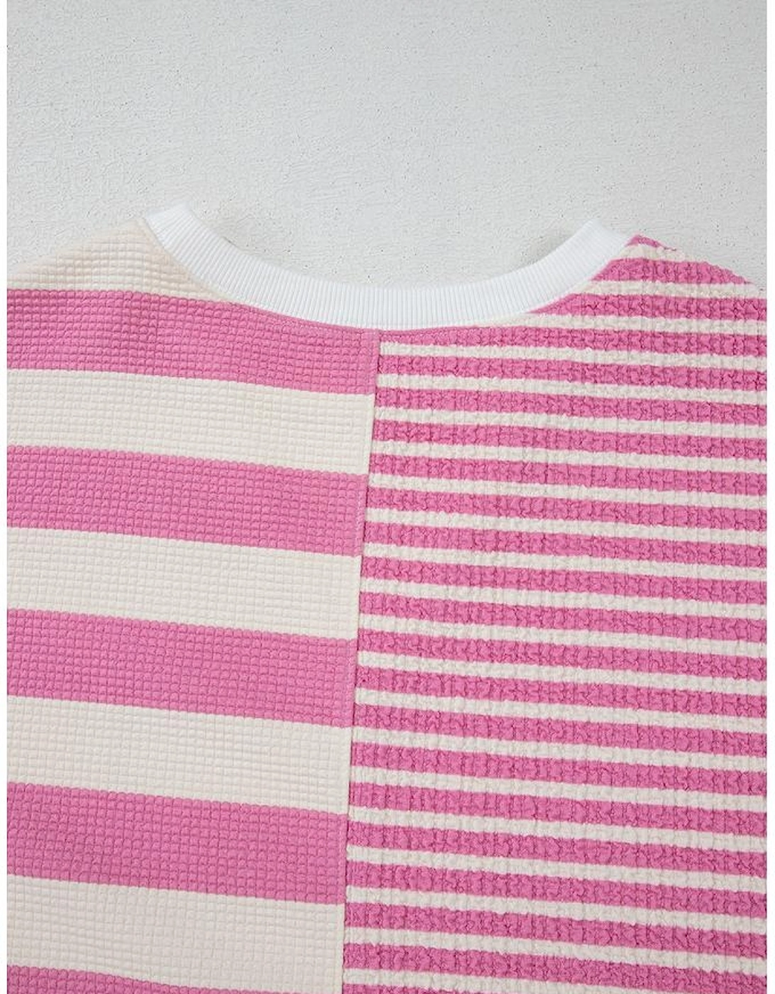 Pink Stripe Patchwork Textured Short Sleeve High Low Loose Top