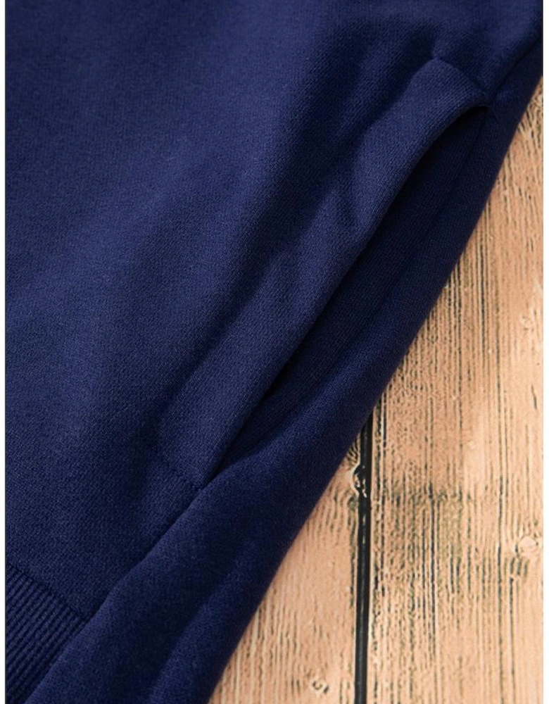 Navy Blue Solid O Neck High Low Hem Pullover Sweatshirt