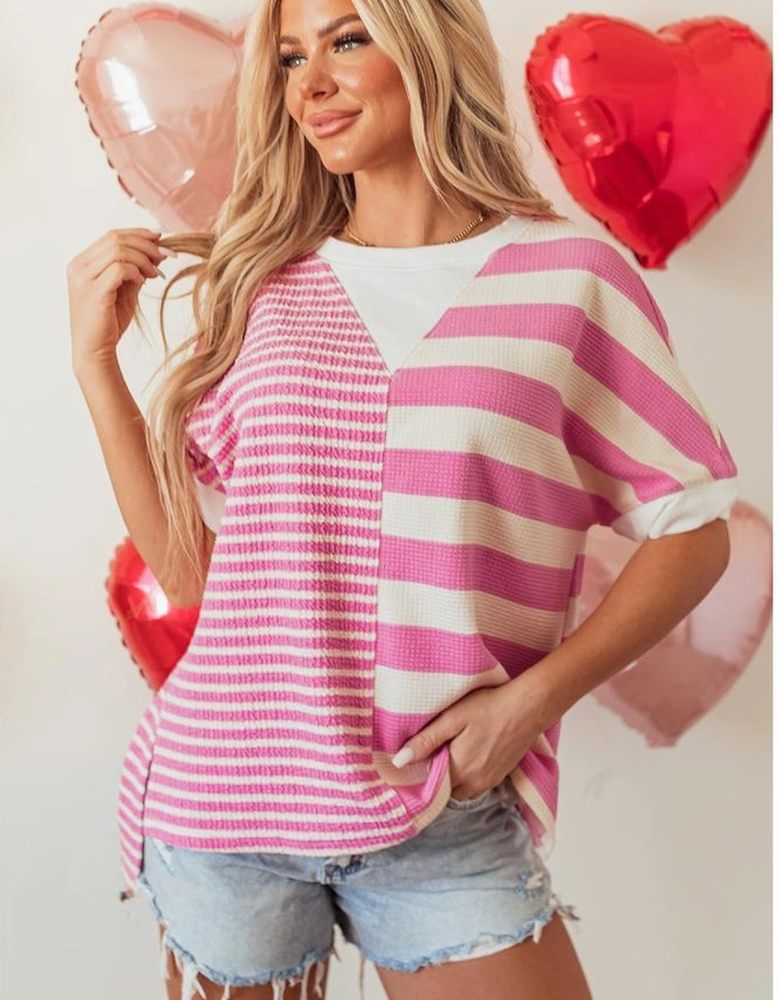 Pink Stripe Patchwork Textured Short Sleeve High Low Loose Top