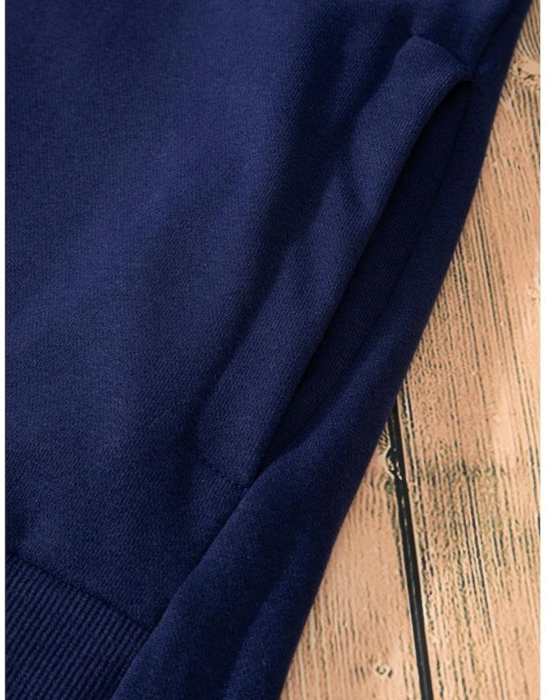 Navy Blue Solid O Neck High Low Hem Pullover Sweatshirt