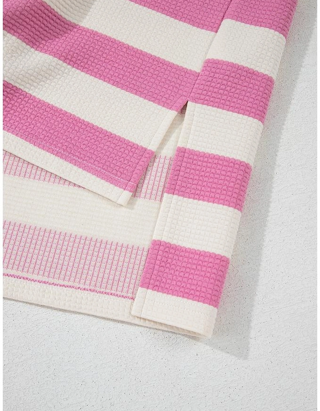 Pink Stripe Patchwork Textured Short Sleeve High Low Loose Top