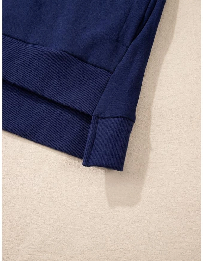 Navy Blue Solid O Neck High Low Hem Pullover Sweatshirt