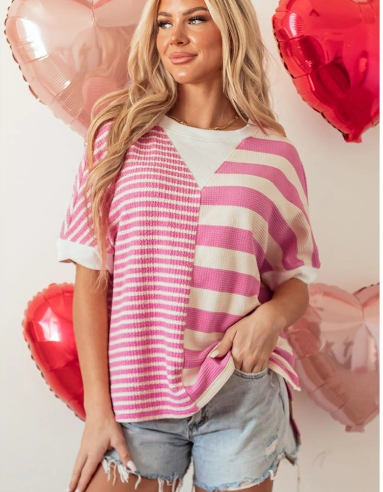 Pink Stripe Patchwork Textured Short Sleeve High Low Loose Top
