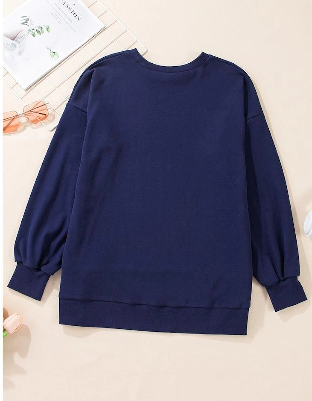 Navy Blue Solid O Neck High Low Hem Pullover Sweatshirt