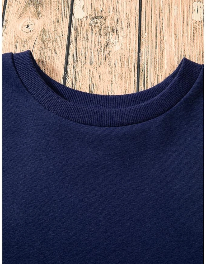 Navy Blue Solid O Neck High Low Hem Pullover Sweatshirt