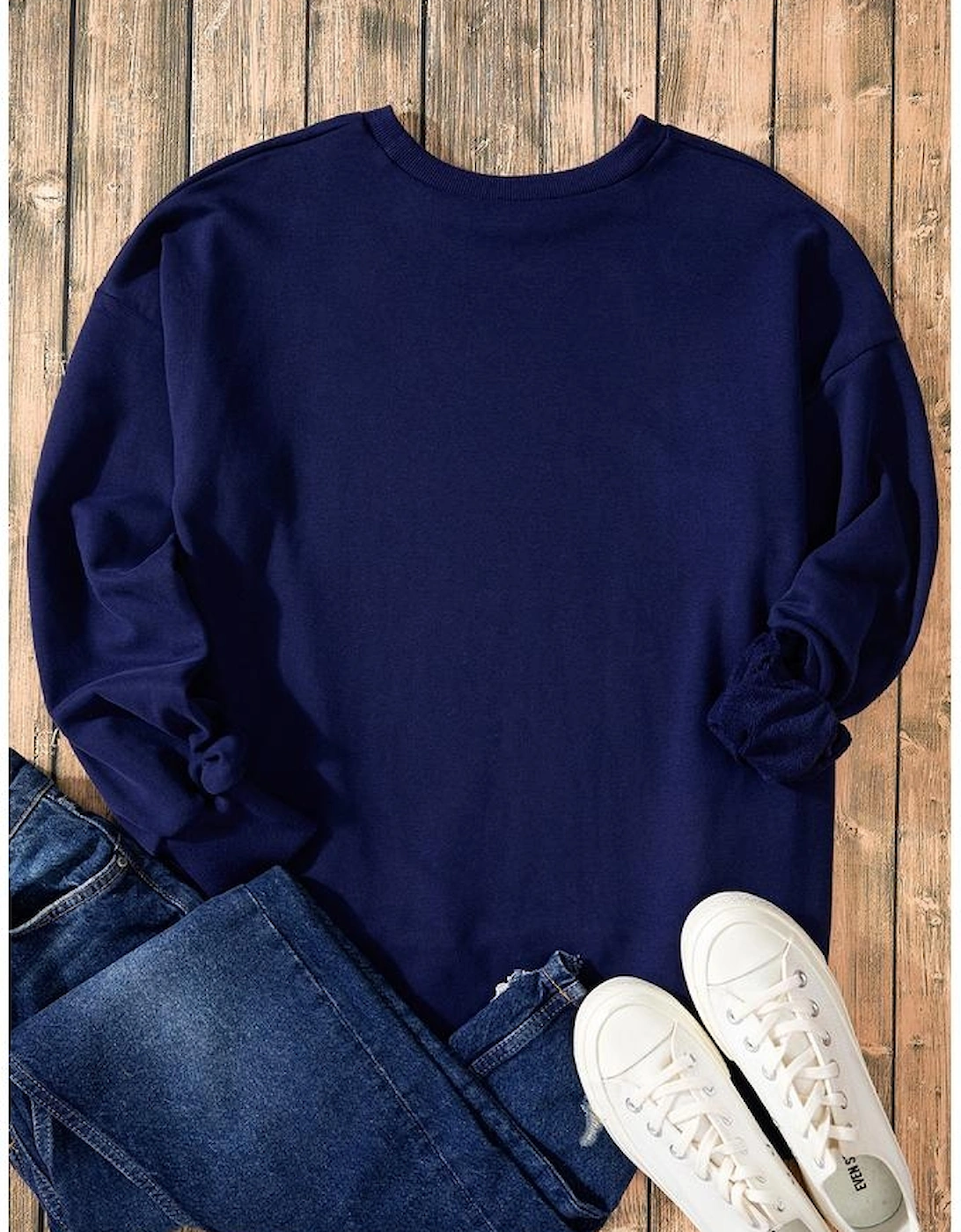 Navy Blue Solid O Neck High Low Hem Pullover Sweatshirt