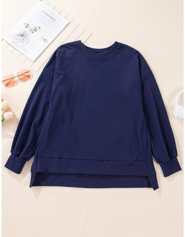Navy Blue Solid O Neck High Low Hem Pullover Sweatshirt