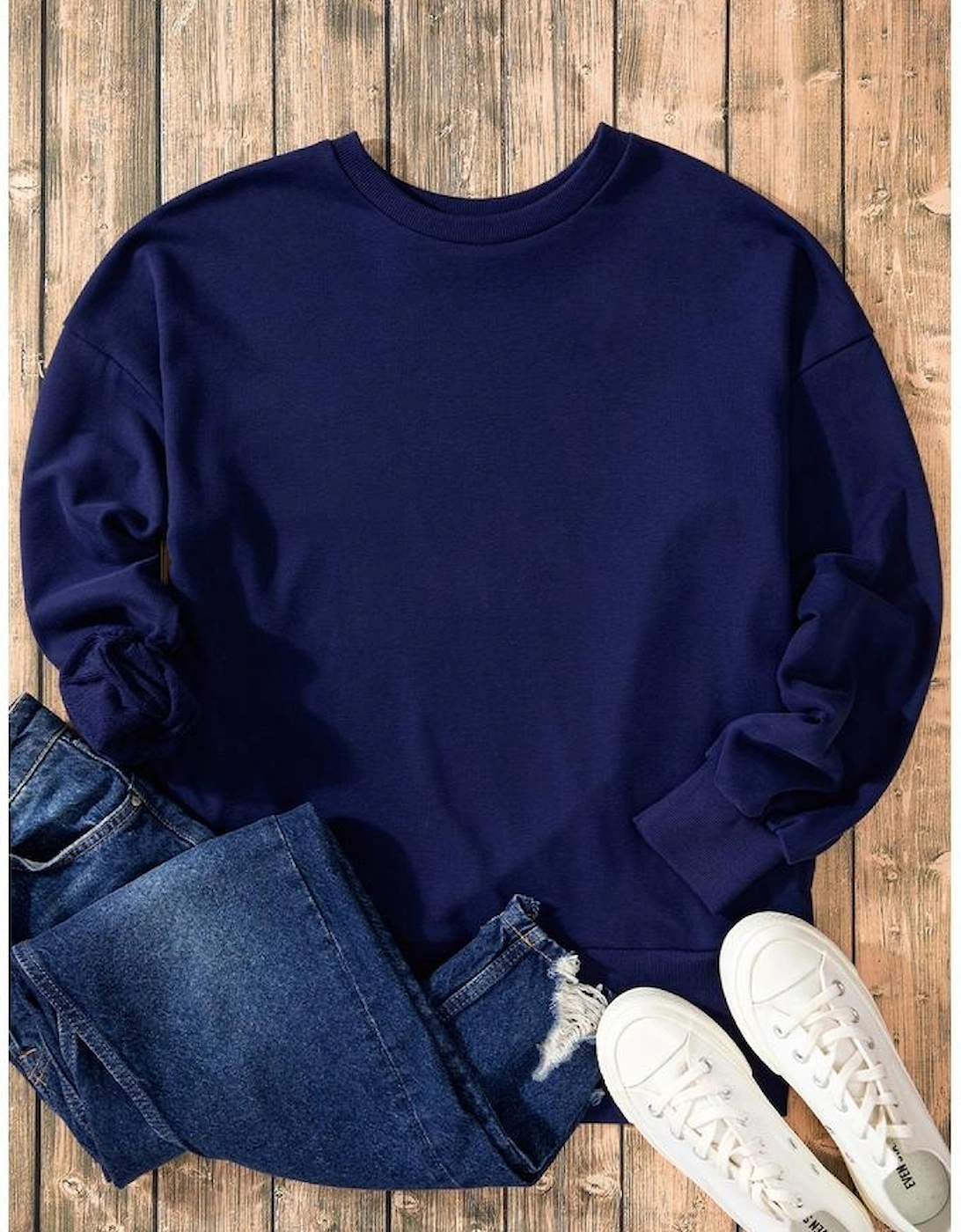 Navy Blue Solid O Neck High Low Hem Pullover Sweatshirt