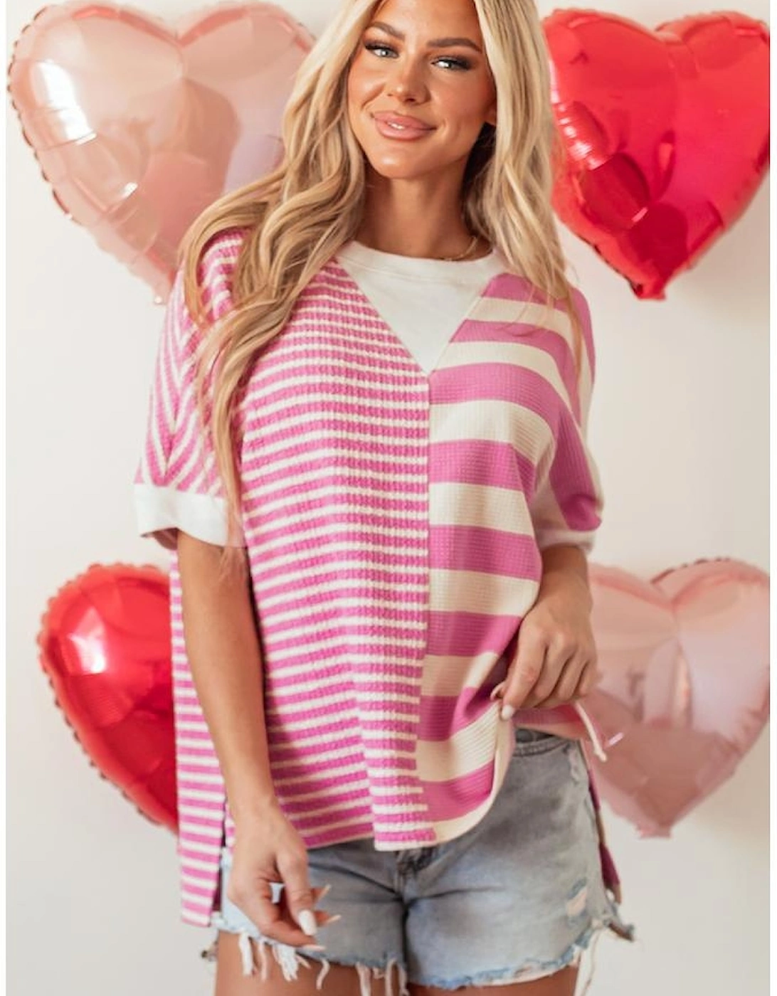 Pink Stripe Patchwork Textured Short Sleeve High Low Loose Top