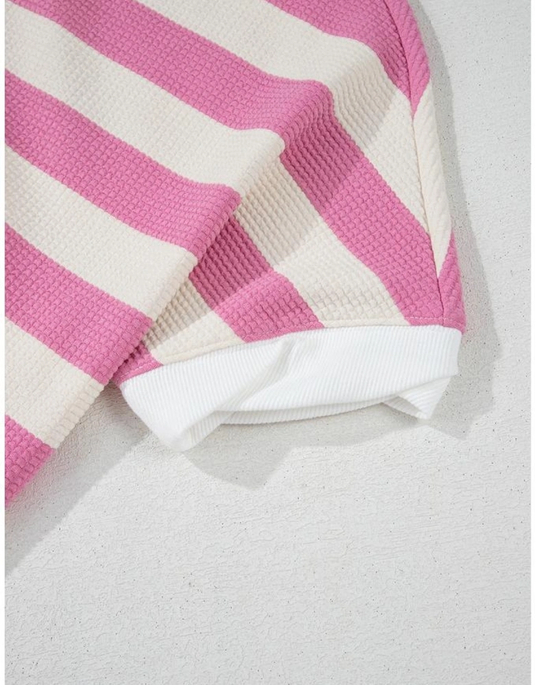 Pink Stripe Patchwork Textured Short Sleeve High Low Loose Top