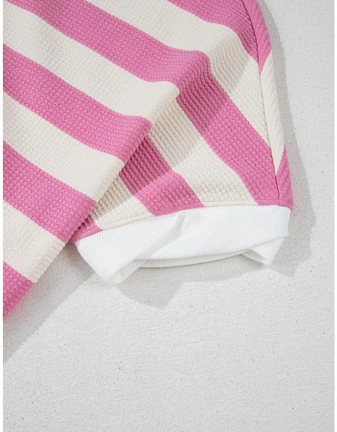 Pink Stripe Patchwork Textured Short Sleeve High Low Loose Top