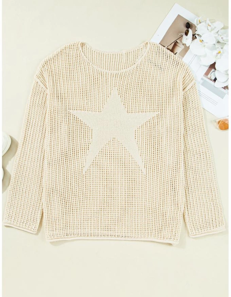 Parchment Hollow Out Knit Star Pattern Accent Plus Size Jumper