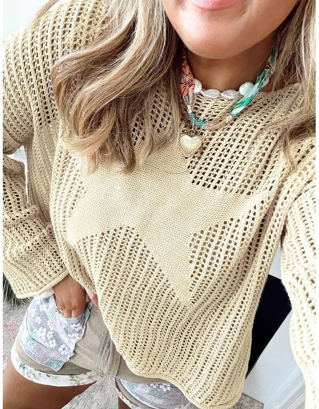 Parchment Hollow Out Knit Star Pattern Accent Plus Size Jumper