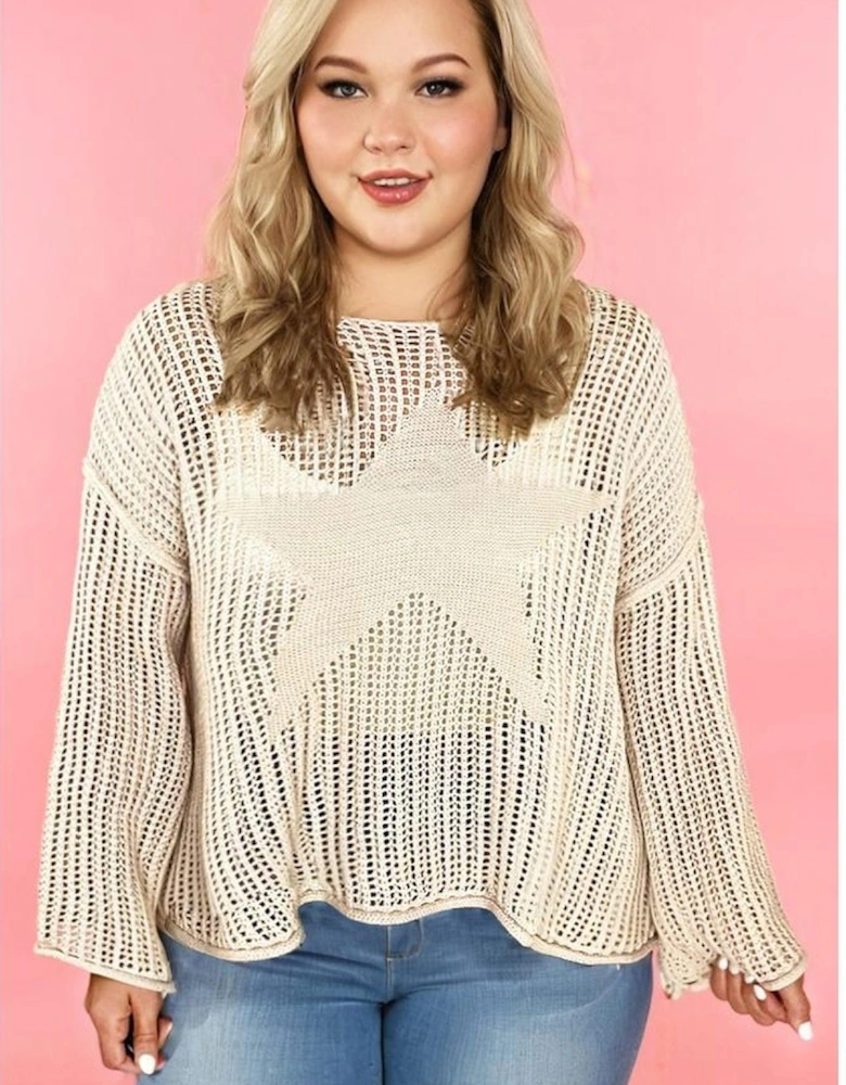 Parchment Hollow Out Knit Star Pattern Accent Plus Size Jumper