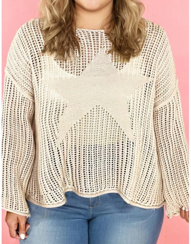 Parchment Hollow Out Knit Star Pattern Accent Plus Size Jumper
