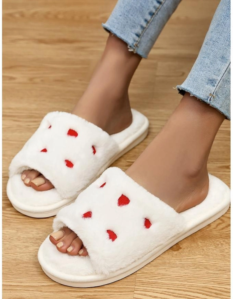 Azura Exchange White Valentines Heart Embroidered Fuzzy Winter House Slippers