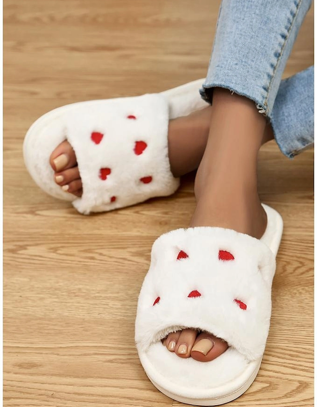 Azura Exchange White Valentines Heart Embroidered Fuzzy Winter House Slippers
