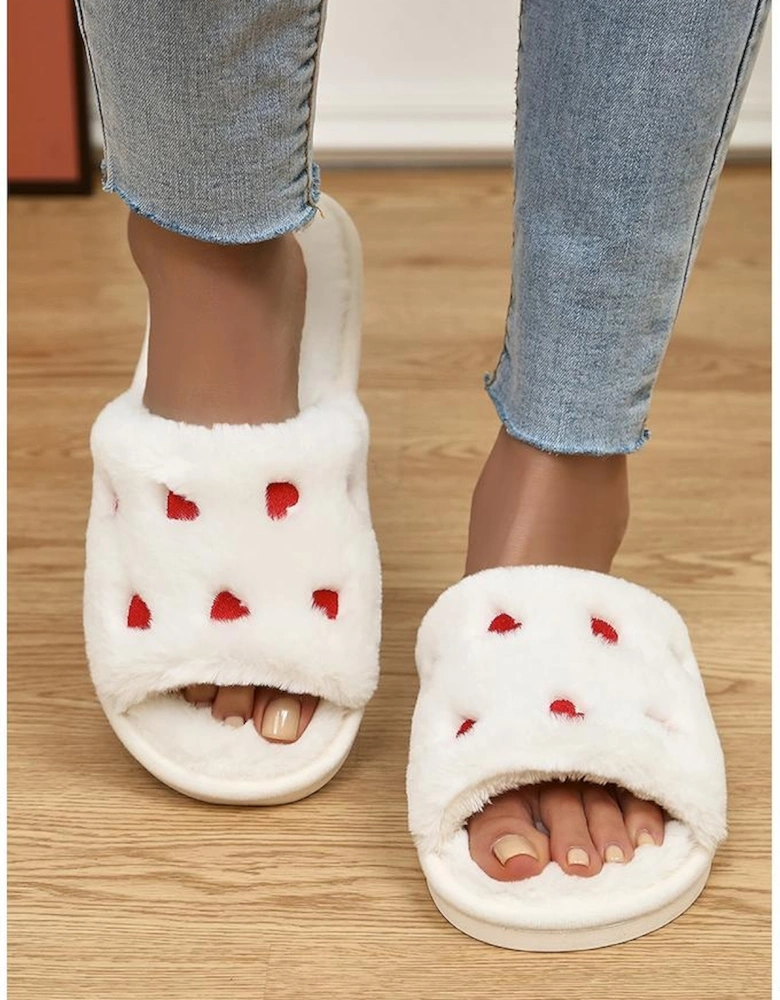 Azura Exchange White Valentines Heart Embroidered Fuzzy Winter House Slippers