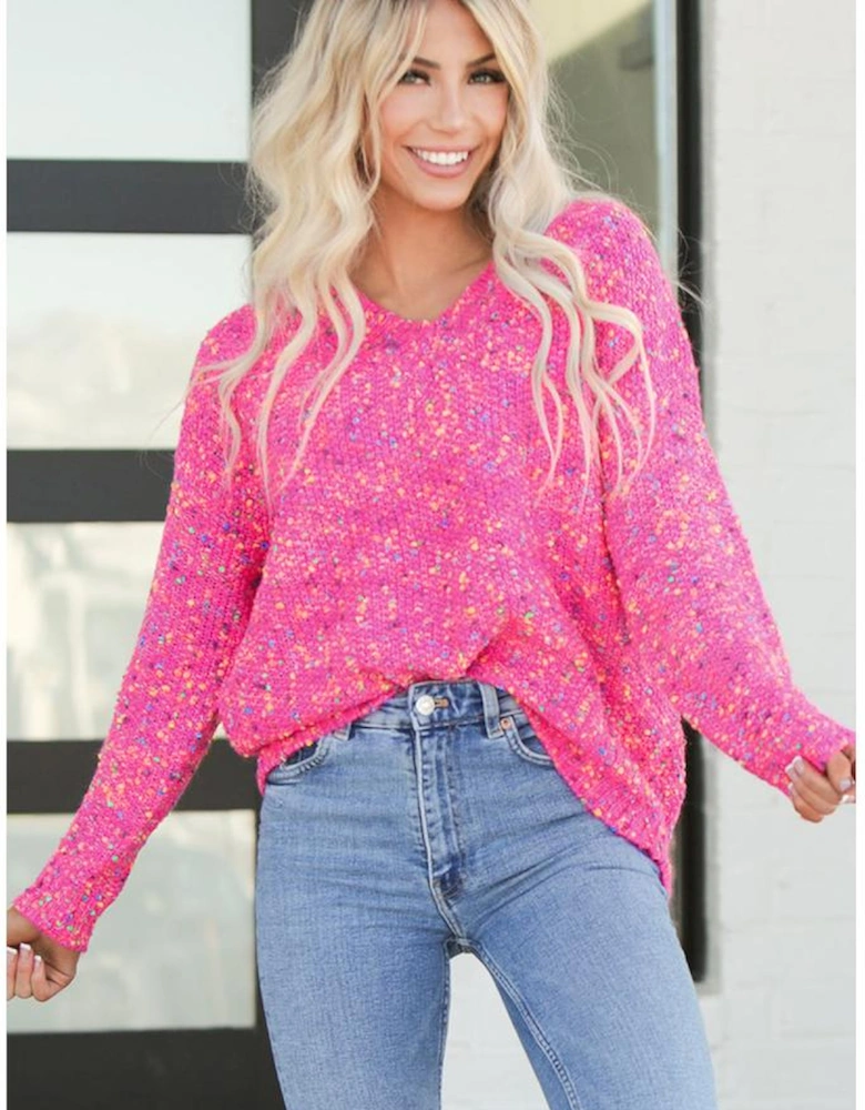 Dark Pink Colorful Spots Knitted V Neck Casual Sweater