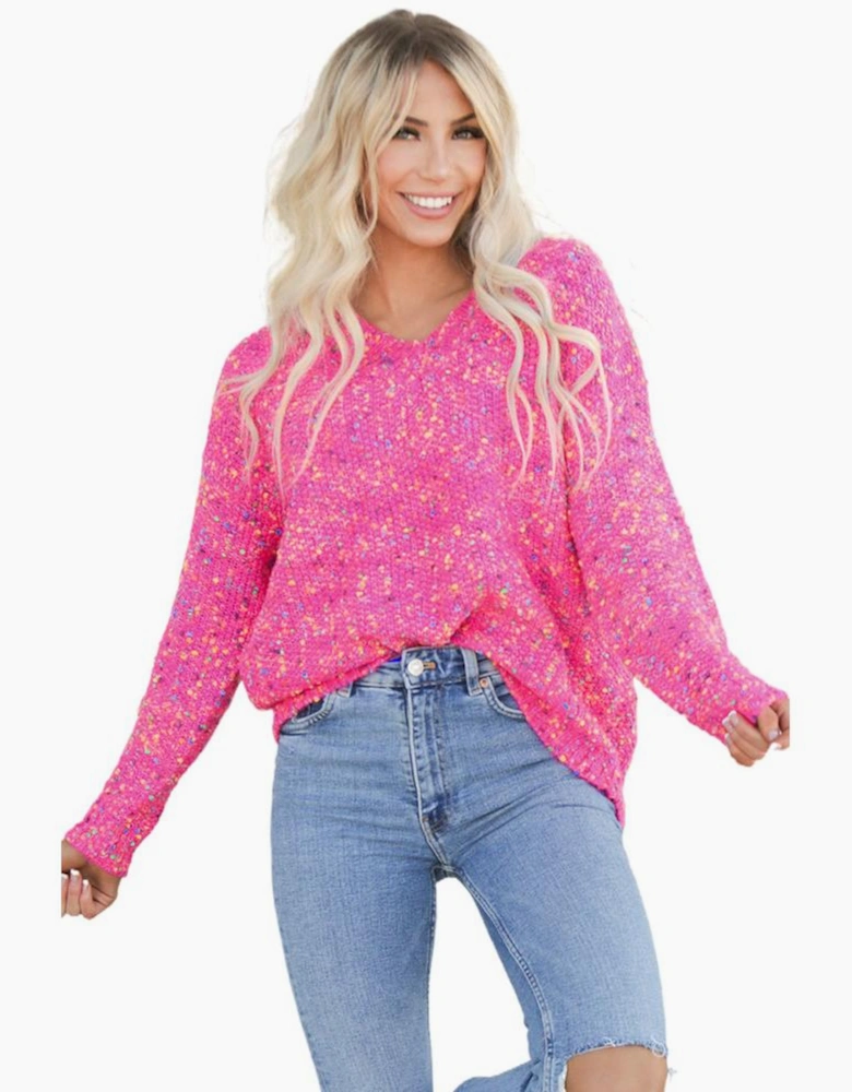 Dark Pink Colorful Spots Knitted V Neck Casual Sweater