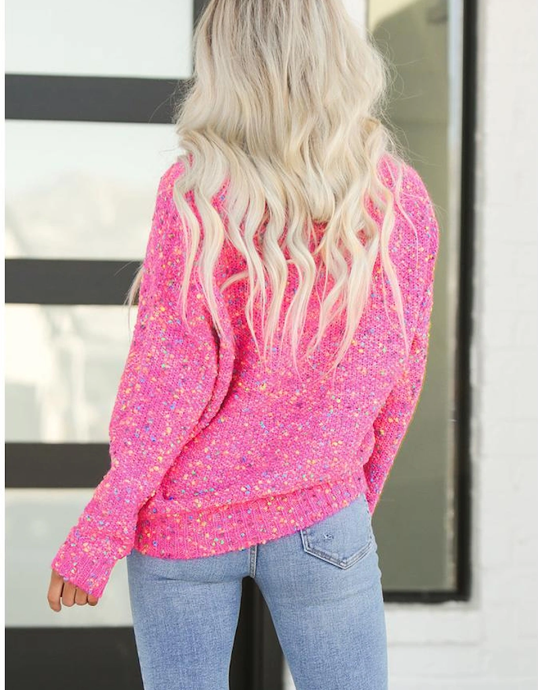 Dark Pink Colorful Spots Knitted V Neck Casual Sweater