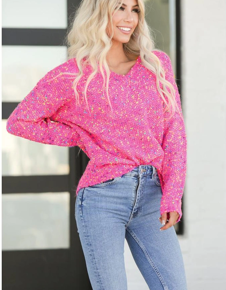 Dark Pink Colorful Spots Knitted V Neck Casual Sweater