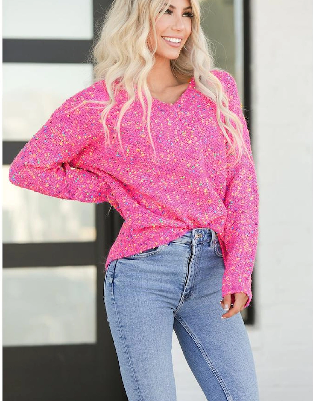 Dark Pink Colorful Spots Knitted V Neck Casual Sweater