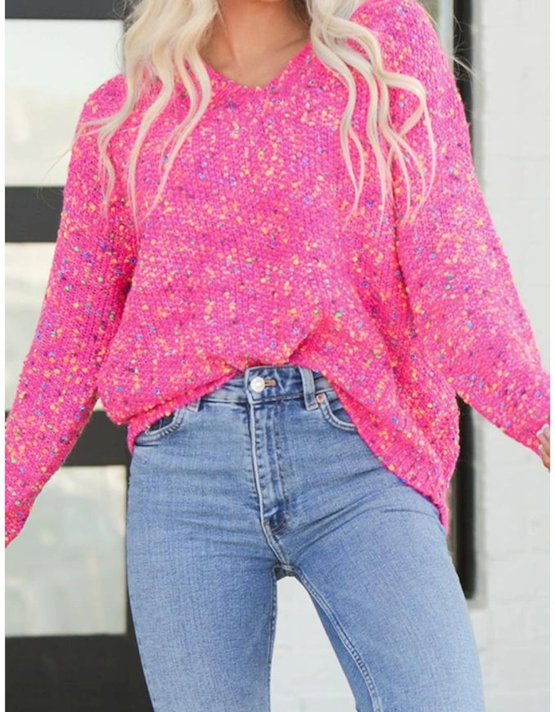 Dark Pink Colorful Spots Knitted V Neck Casual Sweater