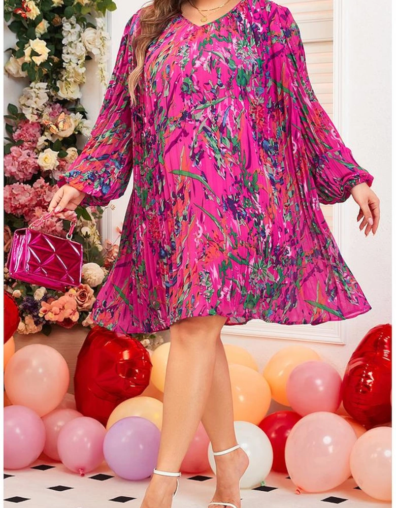 Rose Plus Size Abstract Floral Print Pleated Loose Dress