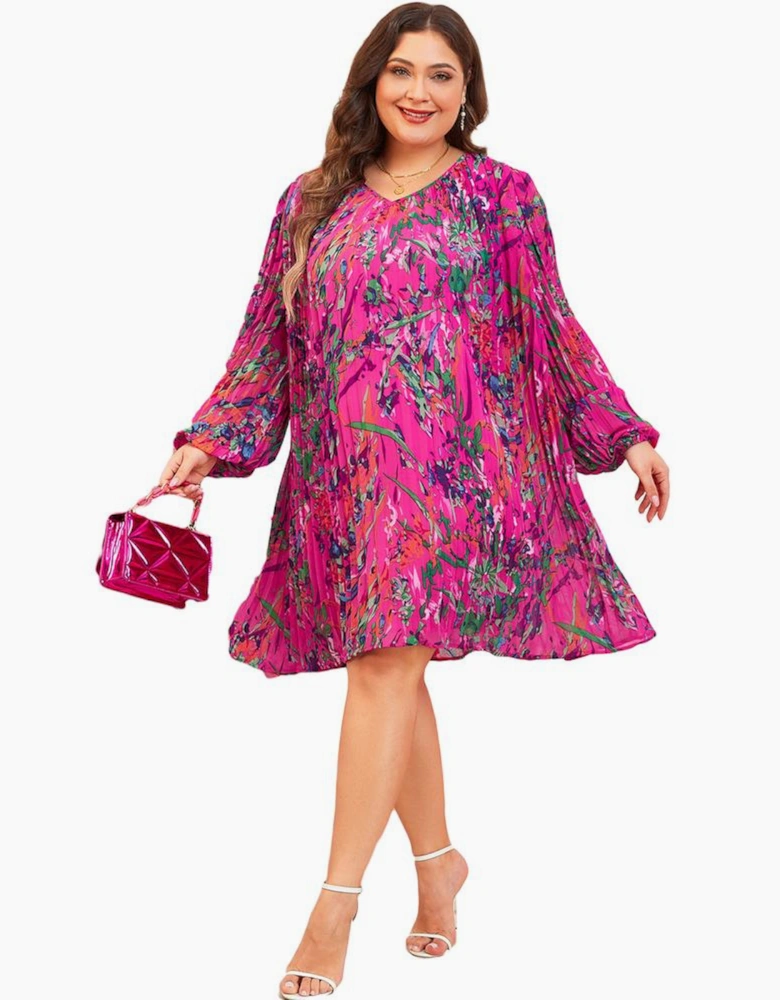 Rose Plus Size Abstract Floral Print Pleated Loose Dress